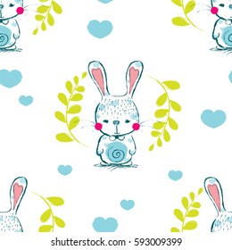 Spring is coming - cute bunny vector pattern background