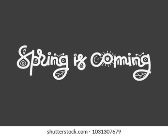 Spring is coming. Cute creative hand drawn lettering. Freehand style. Doodle. Letters with ornament. Springtime. It can be used for card, print on clothes, banner, poster. Vector illustration, eps10