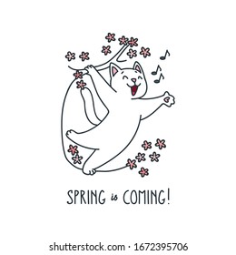Spring Is Coming. Cute illustration of a singer cat on a tree. Vector 8 EPS.