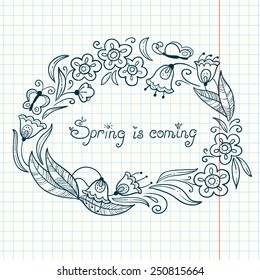 Spring is coming, doodle floral wreath with butterfly