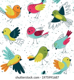 Spring is coming. Flock of funny birds  - Seamless pattern. Vector background for fabric, textile, wallpaper, posters, gift wrapping paper, napkins, tablecloths. Print for kids, children. 