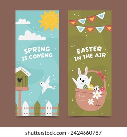 La primavera viene diseño de volante con pajarera en el día soleado. Pascua en el aire concepto de banner vertical con conejito y cesta. Dos plantillas rectangulares. Ilustración de vector plano dibujado a mano de primavera