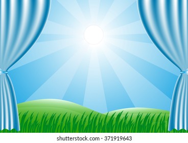 Spring is coming. Green grass and sun shine. Vector background.