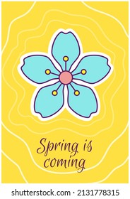 Spring is coming greeting card with color icon element. Seasonal greetings. Postcard vector design. Decorative flyer with creative illustration. Notecard with congratulatory message on yellow