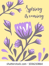 Spring is coming greetings card with floral ornament. Vector illustration