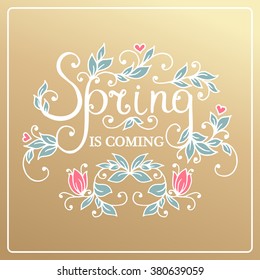  Spring is coming. Hand drawing golden floral card. Vector illustration