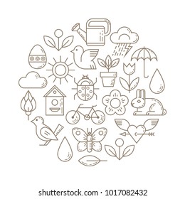 Spring is coming, hello spring. Vector linear concept with spring symbols. Round illustration. Print, posters design.
