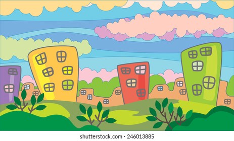 Spring is coming. Landscape with houses.