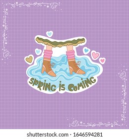 Spring is coming. Lettering. Feet and puddle. Hearts. Stickers. Checkered background. Isolated vector objects.