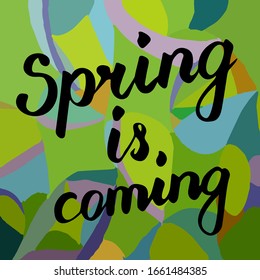 Spring is coming. Lettering. Greeting card, t-shirt, prints and posters. Hand drawn spring inspiration phrase. Vector illustration on green patch background.