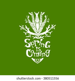 Spring is coming logo with hand drawn doodle tree emblem. Season tag modern style illustration. Fun vector concept. Lettering for spring holidays and business advertising. 