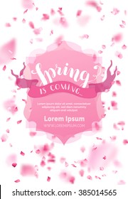 Spring is coming. A lot of pink petals on white background. Pink badge and ribbon. Nature vertical backdrop. There is place for your text in the center.