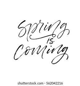 Spring is coming postcard. Seasonal phrase. Ink illustration. Modern brush calligraphy. Isolated on white background. 