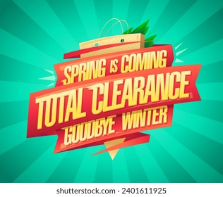 Spring is coming poster design, good bye winter, advertising web banner template with red ribbon and golden lettering