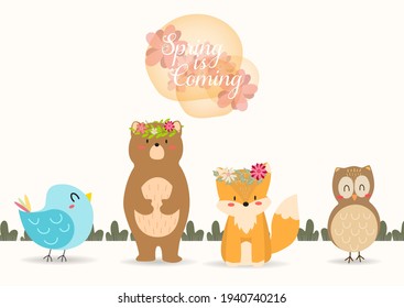 Spring is coming poster,Cute bear fox owl and blur bird with flower wealth.