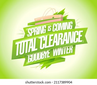 Spring is coming promotion web banner design mockup, total winter clearance poster with green ribbons