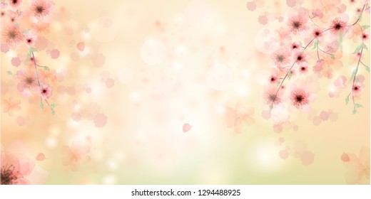 Spring is coming. Sakura petals falling down. Beautiful  Pink background with branch of cherry blossom. Vector watercolor illustration of sakura. 
