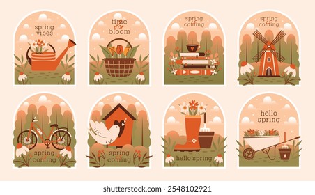 La primavera está llegando. Conjunto de insignias con ilustraciones ingenuas de paisajes de primavera, flores, plantas, herramientas de jardín, caja de pájaro con pájaro, bicicleta, molino de viento, cesta con tulipanes, libros. Dibujos animados lindos artes de Clip.