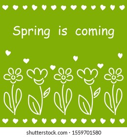 Spring is coming. Simple Contour Hand drawn floral pattern . Green and white. Vector