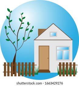 Spring coming in simple garden with house and fence vector illustration