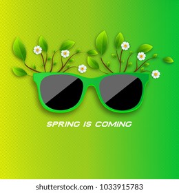 Spring is coming. Sunglasses in a green frame with a blooming green bush. Realistic vector illustration.