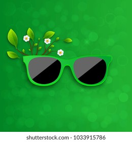 Spring is coming. Sunglasses in a green frame with a blooming green bush. Realistic vector illustration.