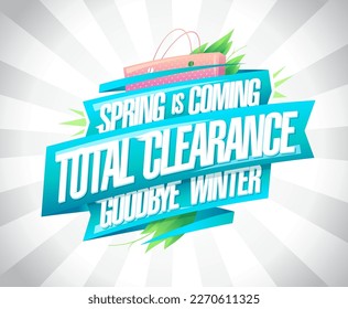 Spring is coming total clearance, good bye winter, vector clearance advertising web banner or flyer mockup