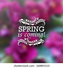 Spring is coming. Typographic design with text, filigree floral frame, shadow on blurred background for greeting card, poster. Vector illustration EPS 10.