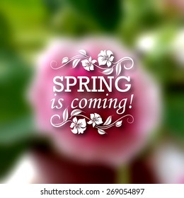 Spring is coming. Typographic design with text, filigree floral frame, shadow on blurred background for greeting card, poster. Vector illustration EPS 10.