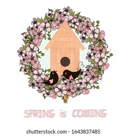 Spring is coming typography banner. Nesting-box, loving bird, sakura wreath art design stock vector illustration for web, or print