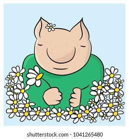 Spring is coming. Unknown funny monster on the flowers meadow.