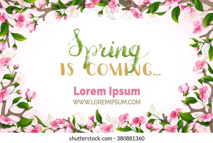 Spring is coming. Vector spring background. Frame of pink sakura blossoms on tree branches. Hand-written brush lettering. There is place for your text in the center on white background.