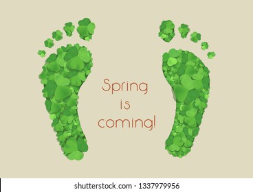 Spring is coming vector background/ oxalis leaf in human footsteps/ footprint silhouette leaf texture nature poster postcard