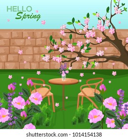 Spring is coming Vector backgrounds. Romantic dinner table. Blossom pink Flowers and green grass
