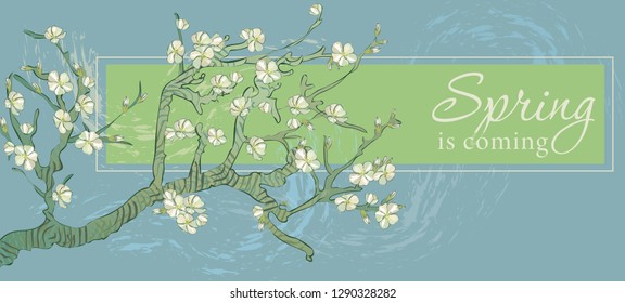 Spring is coming - vector banner with the words. Boho style. Landscape with flowers on the branches of trees in a Park or forest on a background of blue sky with clouds.