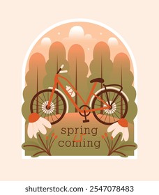 A primavera está vindo. Ilustração isolada do vetor com paisagem rural da primavera, floresta, flores, bicicleta vermelha no campo. Ingênuo clip art bonito. Crachá de desenho animado com natureza primavera. Design plano. Adesivo moderno.