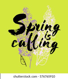 Spring is coming vector lettering on a lilac background branches illustration.   Handwritten modern brush calligraphy for invitation and greeting card,  prints and posters. Elements for your design.