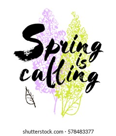 Spring is coming vector lettering on a lilac background branches illustration.   Handwritten modern brush calligraphy for invitation and greeting card,  prints and posters. Elements for your design.