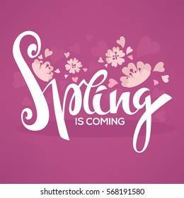 spring is coming, vector template design with images of sakura flowers and lettering composition