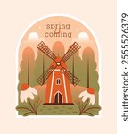 Spring is coming. Village windmill, cottagecore arhitecture. Cute building on spring landscape in flat style. Card, banner with short phrase, text. Spring house with plants, leaves, flowers, forest.