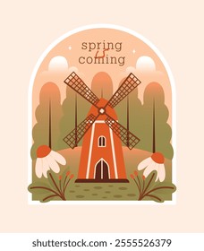 Spring is coming. Village windmill, cottagecore arhitecture. Cute building on spring landscape in flat style. Card, banner with short phrase, text. Spring house with plants, leaves, flowers, forest.