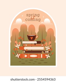 Spring is coming.Vector isolated illustration of books and cup, which lying on grass. Spring clip art with cute naive objects, plants, berries, trees, text. Flat Design. For card, banner, sticker.