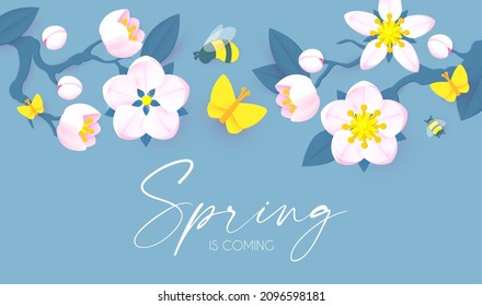 Spring is comming. Cute flower design. Apple tree and sakura blossom.