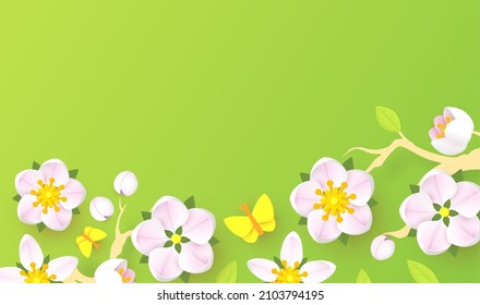 Spring is comming. Cute flower design with apple tree blossom, butterflies and bees.