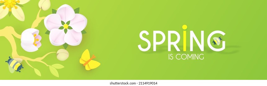 Spring is comming. Cute flower design with apple tree blossom, butterflies and bees.