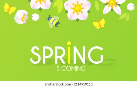 Spring is comming. Cute flower design with apple tree blossom, butterflies and bees.