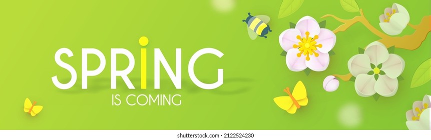 Spring is comming. Cute flower design with apple tree blossom, butterflies and bees.