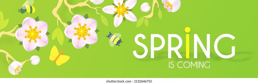 Spring is comming. Cute flower design with apple tree blossom, butterflies and bees.