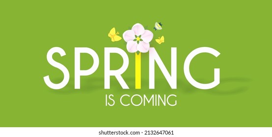 Spring is comming. Cute flower design with apple tree blossom, butterflies and bees.