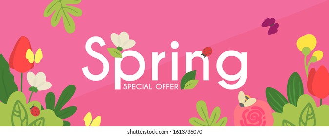 Spring is comming. Seasob label with hand drawn cute flowers.